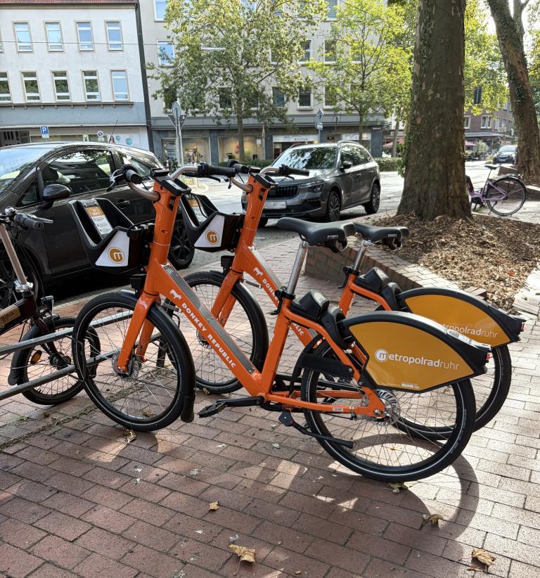 Zwei orangefarbene Fahrr&auml;der an einer Stra&szlig;e mit Autos.